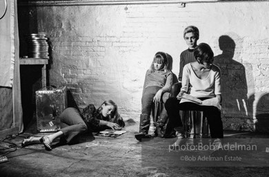 left to right: Sandy Kirkland, Bibbe Hanson, Edie Sedgwick and Pat Hartley during the filming of Prison. The Factory, 1965.