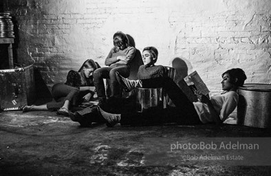 left to right: Sandy Kirkland, Bibbe Hanson, Edie Sedgwick and Pat Hartley during the filming of Prison. The Factory, 1965.