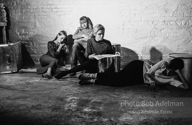 left to right: Sandy Kirkland, Bibbe Hanson, Edie Sedgwick and Pat Hartley during the filming of Prison. The Factory, 1965. left to right: Sandy Kirkland, Bibbe Hanson, Edie Sedgwick and Pat Hartley during the filming of Prison. The Factory, 1965.