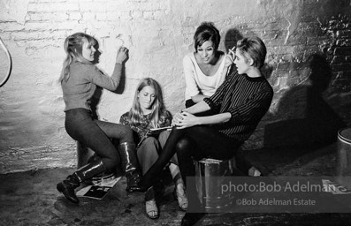 left to right: Bibbe Hanson, Sandy Kirkland, Pat Hartley and Edie Sedgwick during the filming of Prison (aka Girls in Prison) at the Factory, 1965. left to right: Bibbe Hanson, Sandy Kirkland, Pat Hartley and Edie Sedgwick during the filming of Prison (aka Girls in Prison) at the Factory, 1965.