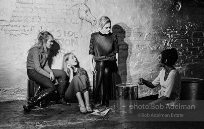 left to right: Bibbe Hanson, Sandy Kirkland, Pat Hartley and Edie Sedgwick during the filming of Prison (aka Girls in Prison) at the Factory, 1965. left to right: Bibbe Hanson, Sandy Kirkland, Pat Hartley and Edie Sedgwick during the filming of Prison (aka Girls in Prison) at the Factory, 1965.