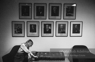 Bibbe Hanson in a New York City office where she was attending a screening of the film Beauty #2. New York City, 1965.