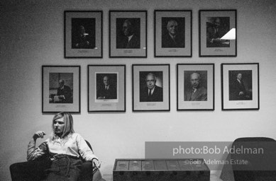 Bibbe Hanson in a New York City office where she was attending a screening of the film Beauty #2. New York City, 1965.