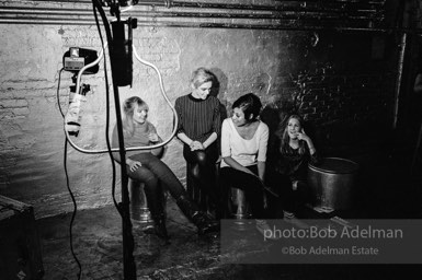 left to right: Bibbe Hanson, Edie Sedgwick, Pat Hartley and Sandy Kirkland during the filming of Prison, The Factory, 1965.