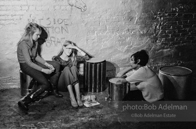 Bibbe Hanson, Sandy Kirkland and Pat Hartley on the set of Prison (aka Girls in Prison) at the Factory, 1965.