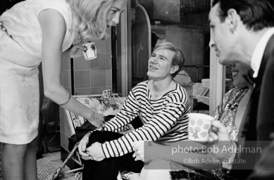 center: Andy Warhol. right: Fred Eberstadt. Pool party at Al Roon's Gym. New York City, 1965.