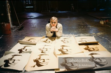 Andy Warhol with prints of The
American Man (Portrait
of Watson Powell) (1964)
on the Factory floor.