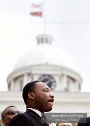 MLK speakings at the end of the historic Selma to Montgomery march. Montgomery Alabama, 1965